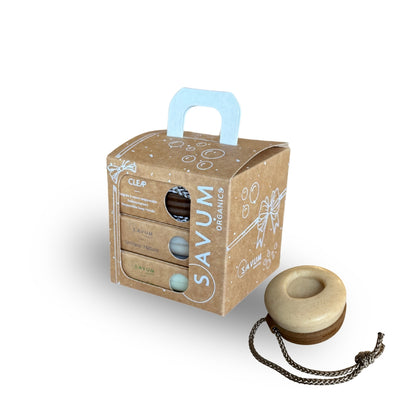 Coffret "Cadeau" | 1 Poignée Porte-Savon Ingénieuse + 2 savons BIO 99% d'origine naturelle clipsables + 1 coffret à offrir