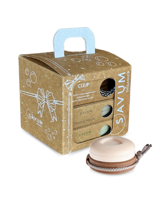 Coffret "Cadeau" | 1 Poignée Porte-Savon Ingénieuse + 2 savons BIO 99% d'origine naturelle clipsables + 1 coffret à offrir