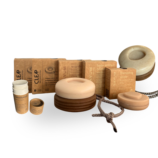Coffret "Essentiel" |  2 Poignées Porte-Savon Ingénieuses + 2 Savons Clipsables BIO 99% + 1 Shampoing Clipsable Naturel + 1 Déodorant naturel en stick