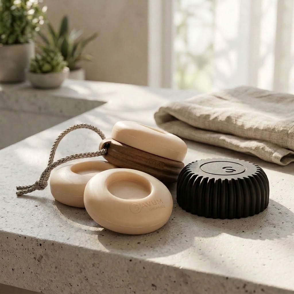 Coffret découverte SAVUM : poignée CLEAP, savons solides et porte-savon noir sur plan en béton